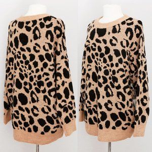 Camel Beige Leopard Crewneck Oversize Cozy Sweater